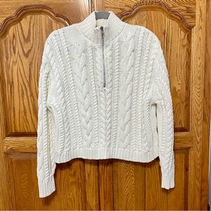 Jenni Kayne Cotton Cable Half Zip Sweater Ivory White 100% Cotton Fisherman Sz S